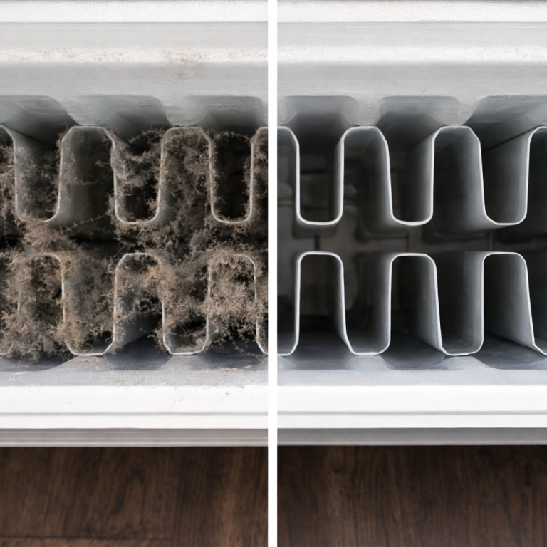 Heizung vor und nachher Vergleich zwischen einem staubigen und einem sauberen Heizkörper.