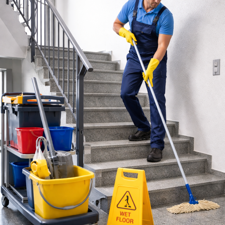 Treppenreinigung Arbeiter reinigt Treppe mit Mopp, gelber Warnschild „Rutschgefahr“ und Putzwagen nebenan.