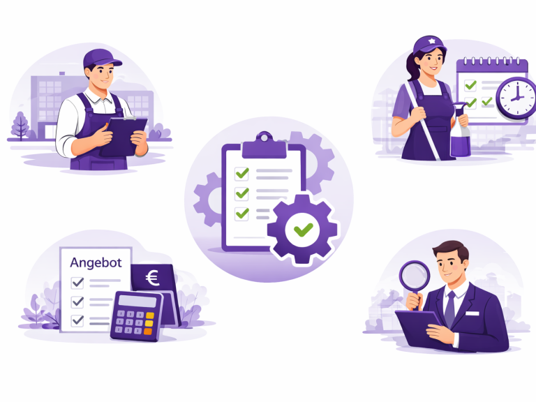 Checkliste Verschiedene Fachkräfte mit Checklisten und Arbeitsgeräten, symbolisieren Teamarbeit und Organisation.